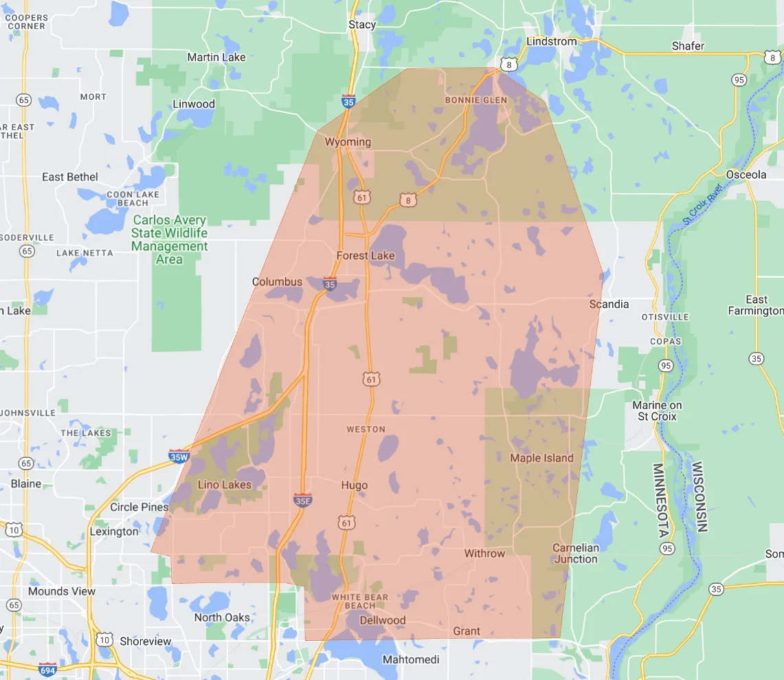 map showing the territory where Leo's Lawn Care provides service